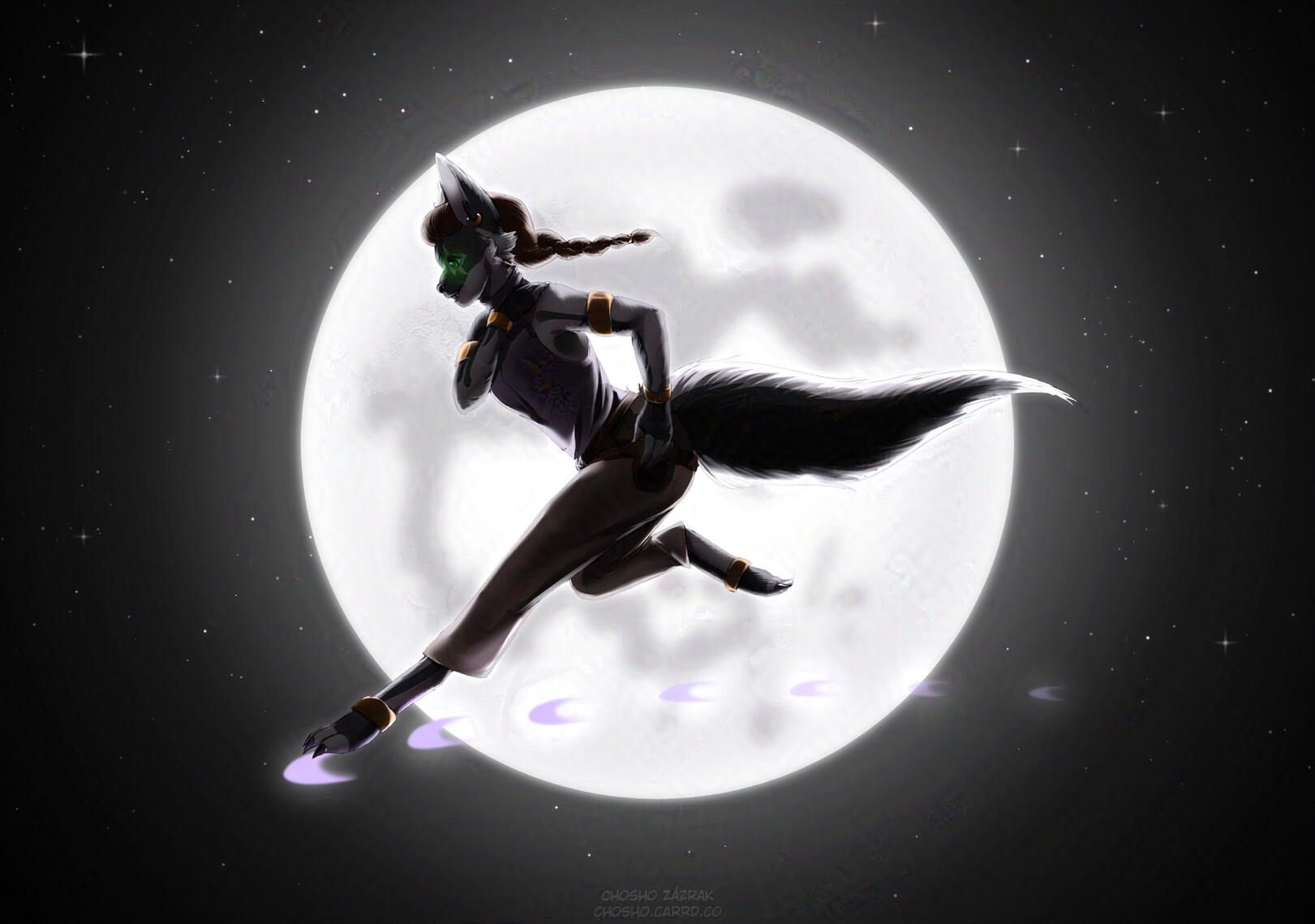 A digital illustration depicting Cora, a character owned by Doodle with Rhy, who is a hybrid wolf shifter with moon-related magic. It depicts her jumping through the air, as if walking on sickle-formed purple moons with the moon illuminating her from the o